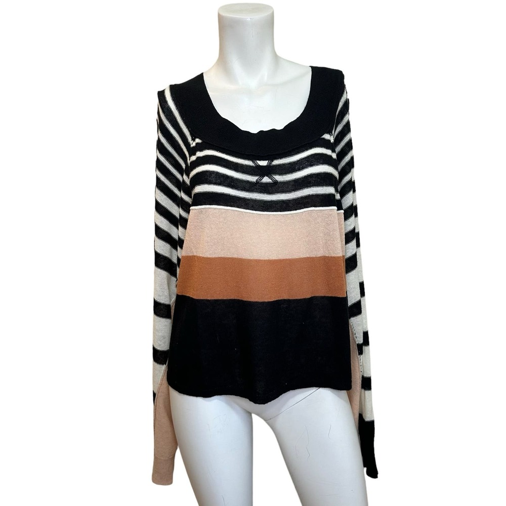 Free People Linen Block Party Pullover Sweater Striped Black Pearl Combo sz L